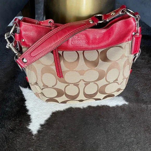 Coach saddle bag brown signature canvas; red leather trim - Picture 6 of 6